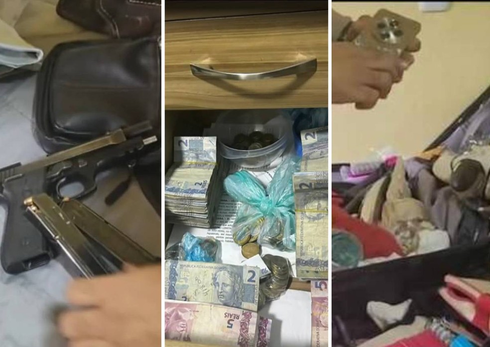 Montagem mostra arma, dinheiro e mala de roupa apreendida em operação contra Família Teófilo Otoni (FTO), aliada do Comando Vermelho em Minas Gerais — Foto: Reprodução/TV Globo