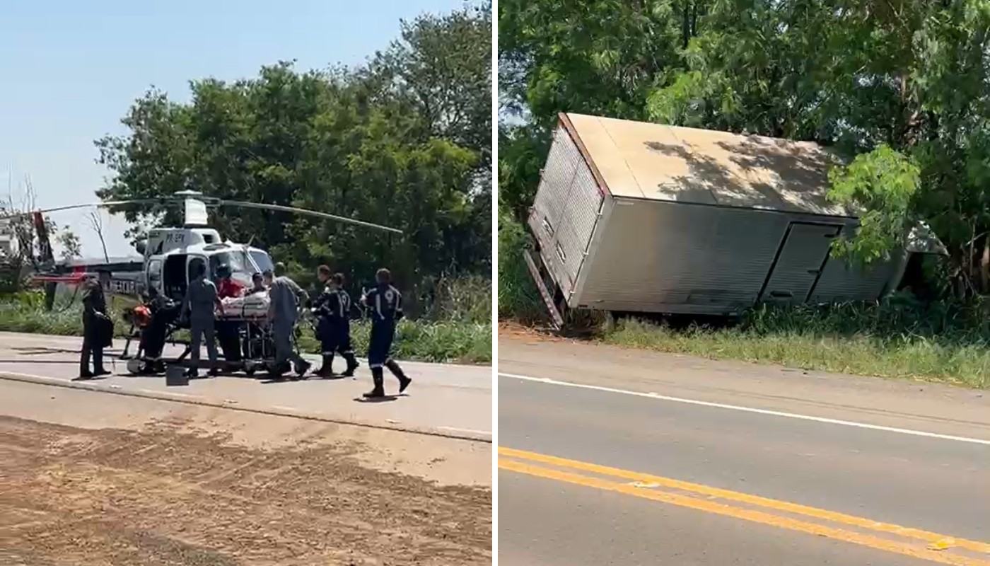 Motociclista é socorrido pelo helicóptero da PM após bater contra caminhão em rodovia de Santa Bárbara; veja imagens 