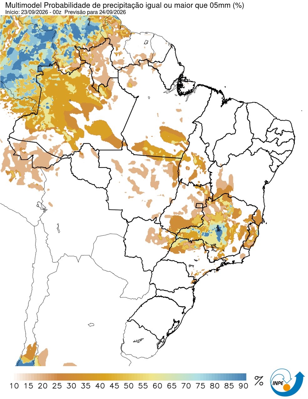 Mapa mostra previsão de chuva para esta quinta em todo o Brasil. — Foto: CPTEC/Inpe
