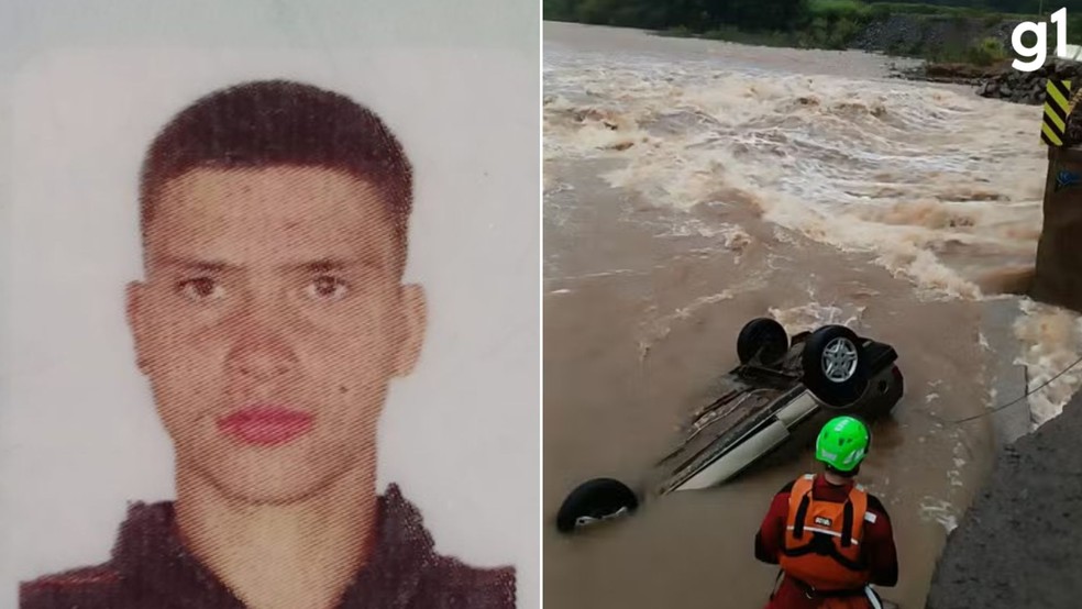 Carro onde estava Mario César Trielweiler Gonçalves, de 21 anos, caiu e foi pela água de um arroio entre Caxias do Sul e Nova Petrópolis — Foto: Reprodução e Divulgação/Bombeiros Voluntários de Nova Petrópolis