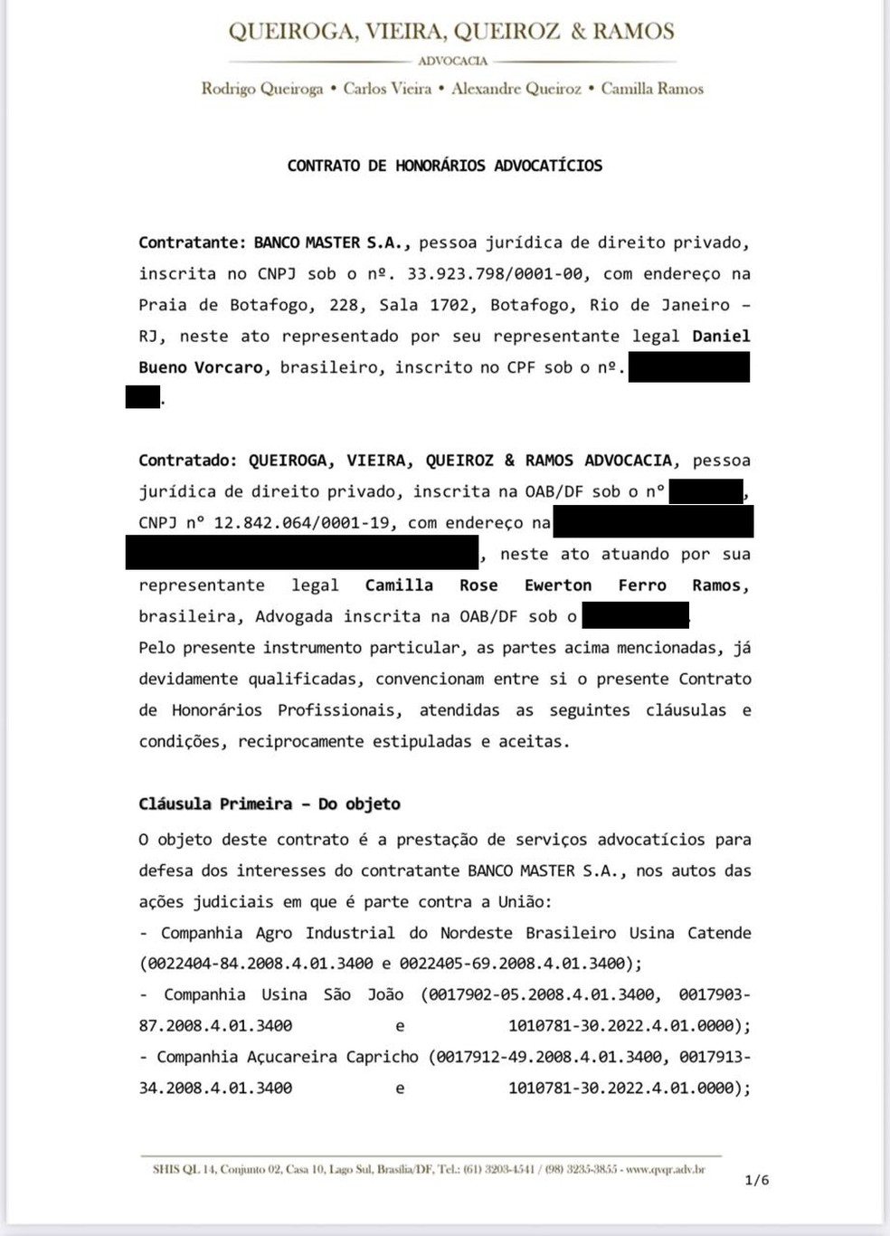 Contrato firmado entre o Banco Master e o escrit&oacute;rio de advocacia Queiroga, Vieira, Queiroz & Ramos &mdash; Foto: Reprodu&ccedil;&atilde;o