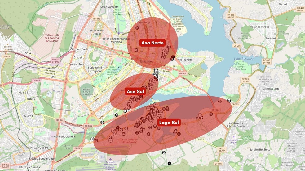 Embaixadas em Brasília ficam na Asa Sul, na Asa Norte e no Lago Sul. — Foto: IPEDF/Reprodução