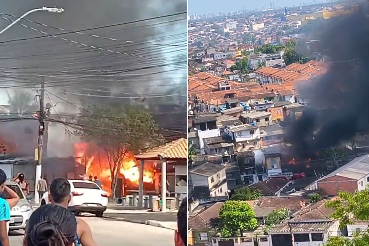 Incêndio atinge moradias de madeira em comunidade no litoral de SP; VÍDEO