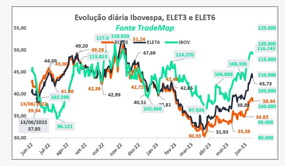 Variação das ações da Eletrobras em um ano — Foto: TradeMap