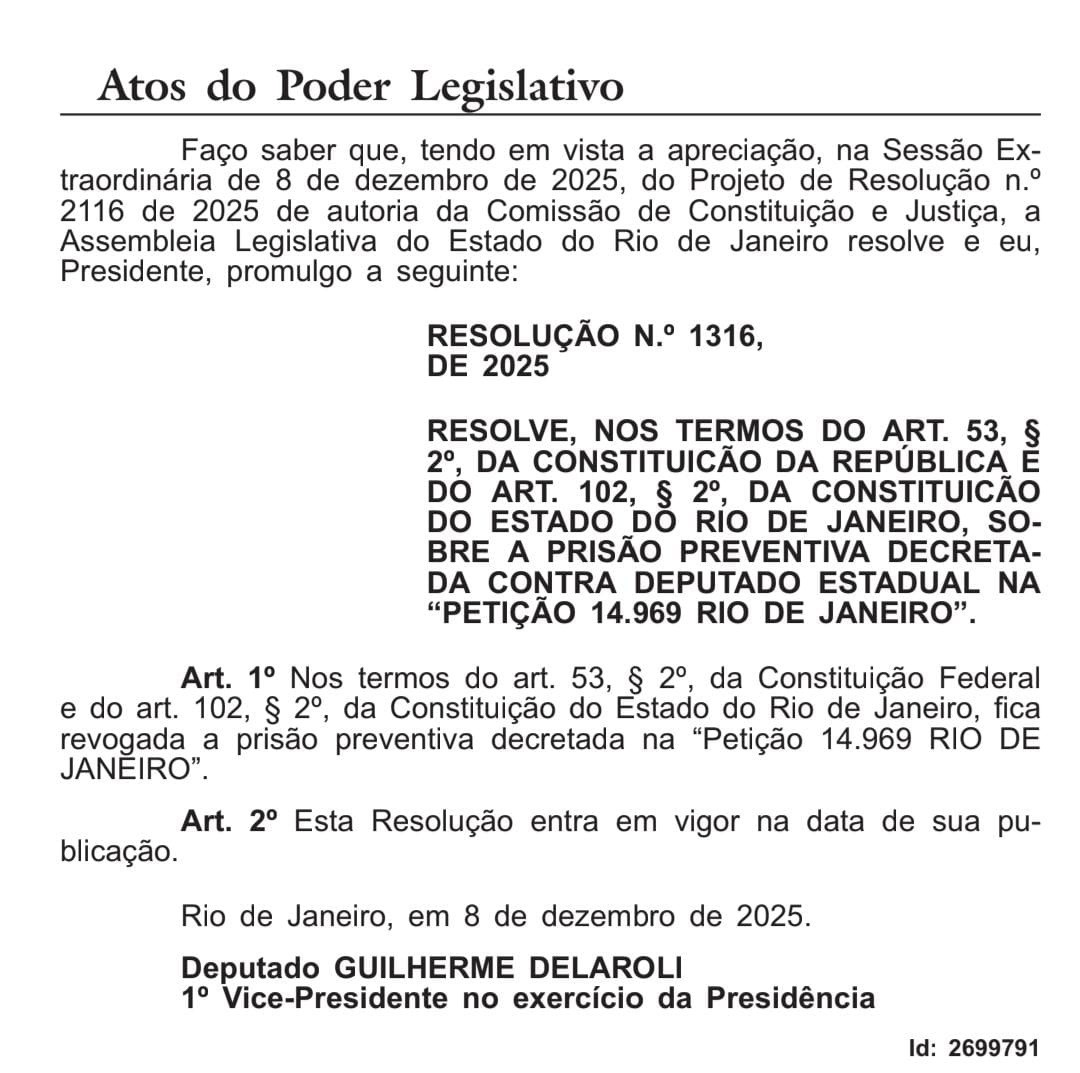 Revogação da prisão de Bacellar é publicada no Diário Oficial do RJ