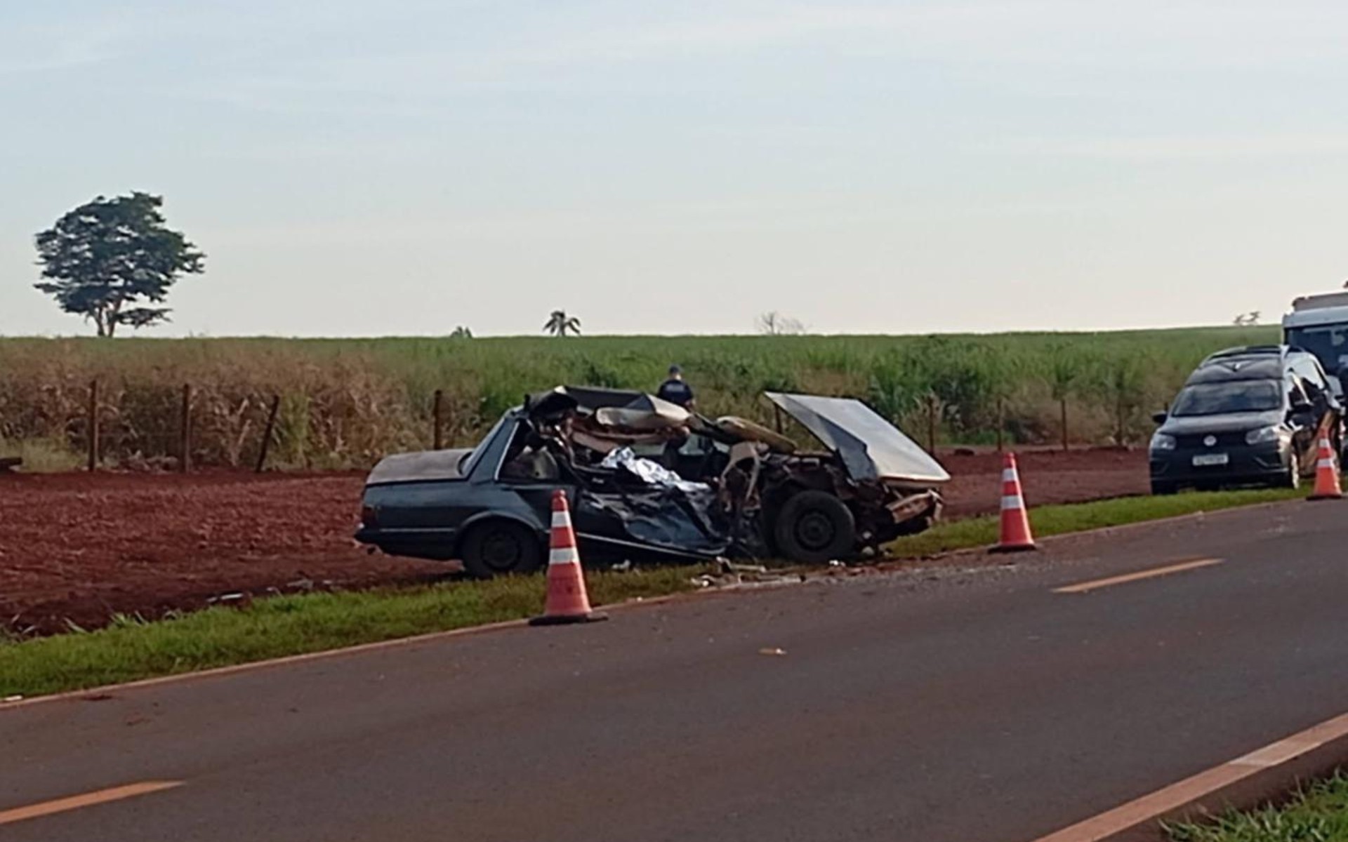 Mulher morre após acidente entre carro e ônibus em rodovia de Riolândia 