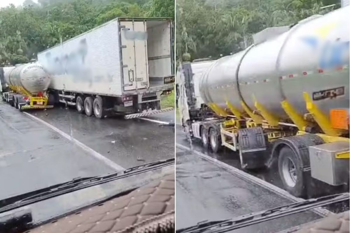 Colisão entre carretas deixa motorista ferido em rodovia de SP; VÍDEO
