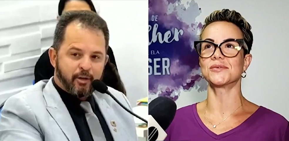 Fala do vereador Júnior Bombeiro da Saúde (MDB) para a vereadora Silvana Grimauth (CID) ocorreu na sessão da última terça-feira em Iguaba Grande — Foto: Reprodução Inter TV RJ