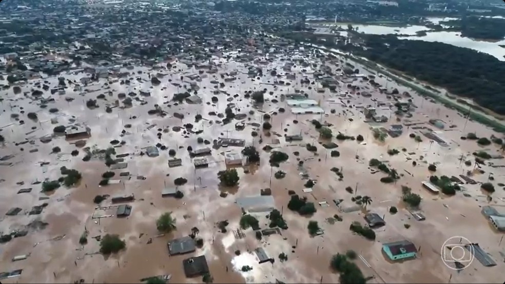 Vista area da enchente em Novo Hamburgo (RS) — Foto: Reproduo/TV Globo