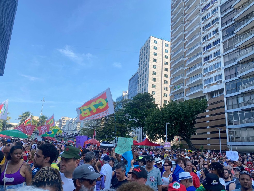 Manifestantes se reúnem na Praia de Copacabana na tarde deste domingo (21) — Foto: Thaís Espírito Santo / g1