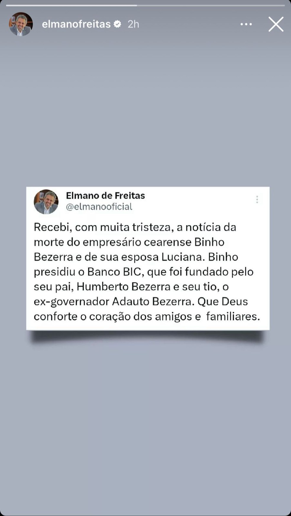 Governador do Ceará, Elmano de Freitas publicou mensagem lamentando morte de Binho Bezerra — Foto: Reprodução/Redes Sociais