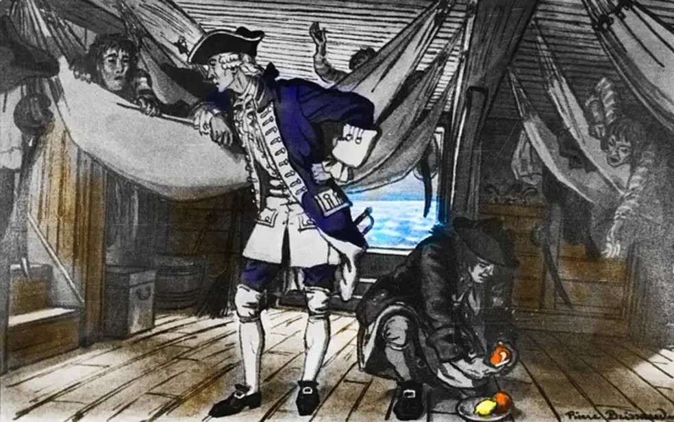 A recomendao de Lind de incluir frutas ctricas frescas e suco de limo na alimentao dos marinheiros resultou na erradicao do escorbuto na marinha britnica.  Foto: GETTY IMAGES via BBC