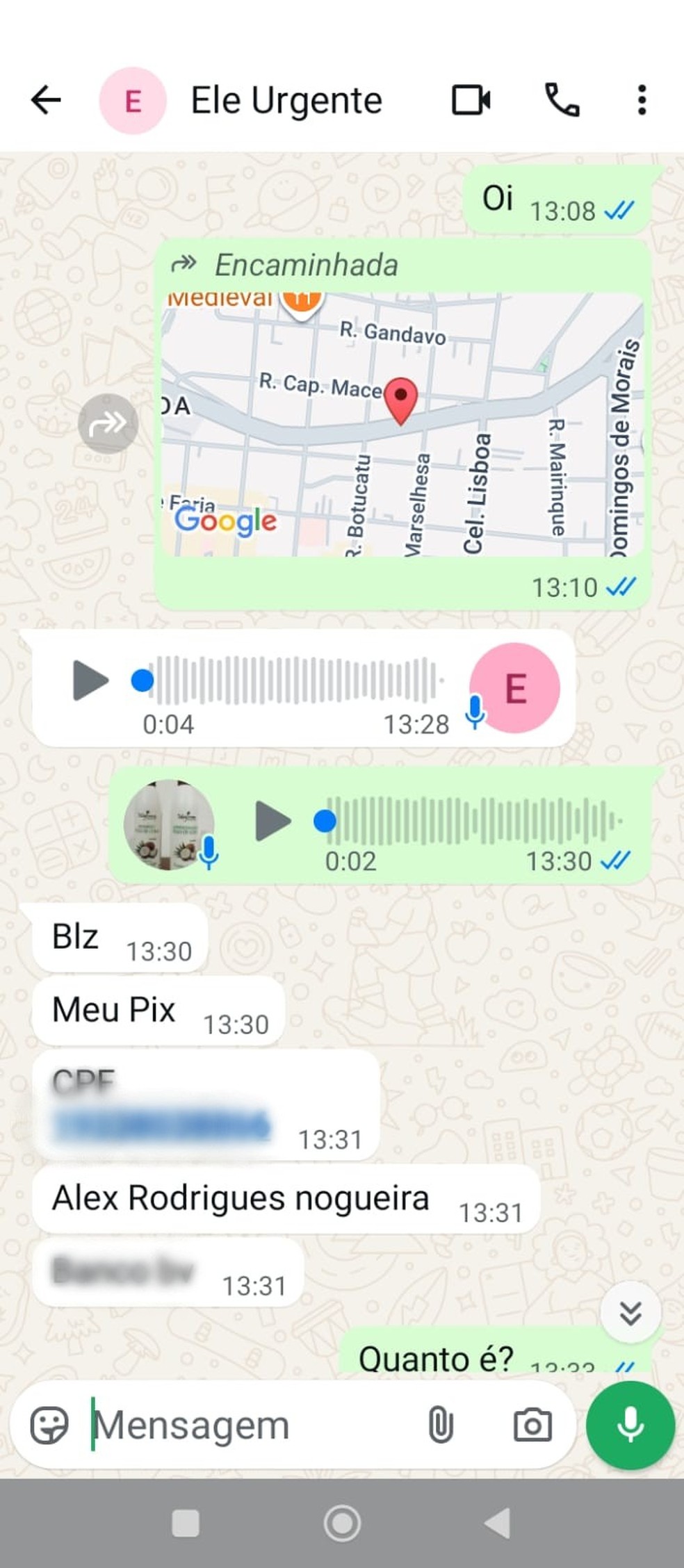 Print da conversa entre o funcionário da empresa parceira da Enel e o comerciante - Imagem: Reprodução / Arquivo Pessoal