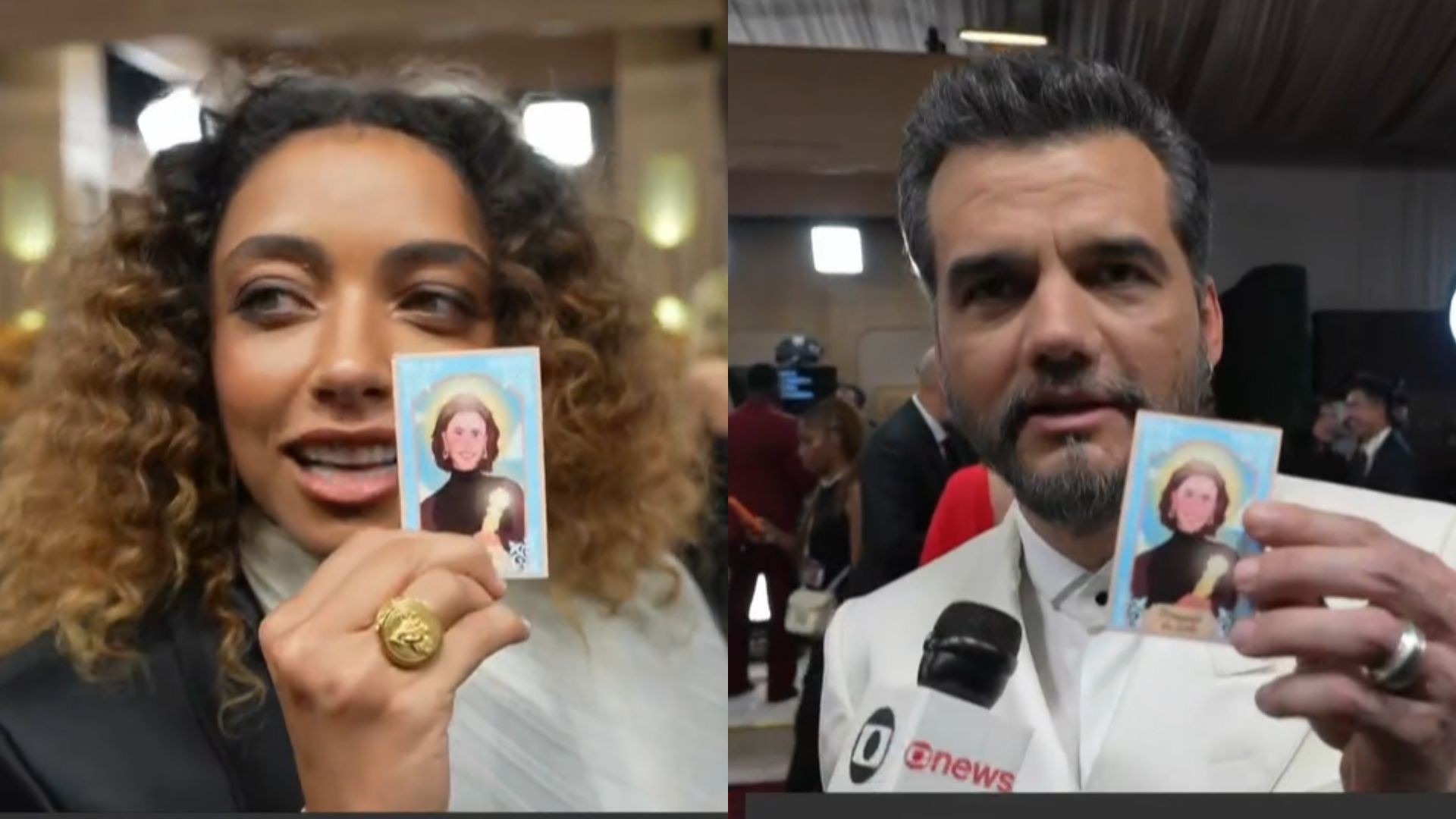 'Santa Nanda da sorte': Elenco de 'Agente Secreto' ganha amuleto de Fernanda Torres no Globo de Ouro