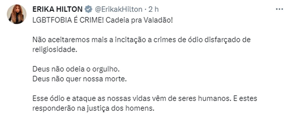 Deputada federal Erika Hilton (PSOL-SP) pediu prisão de pastor André Valadão  — Foto: Reprodução/Twitter