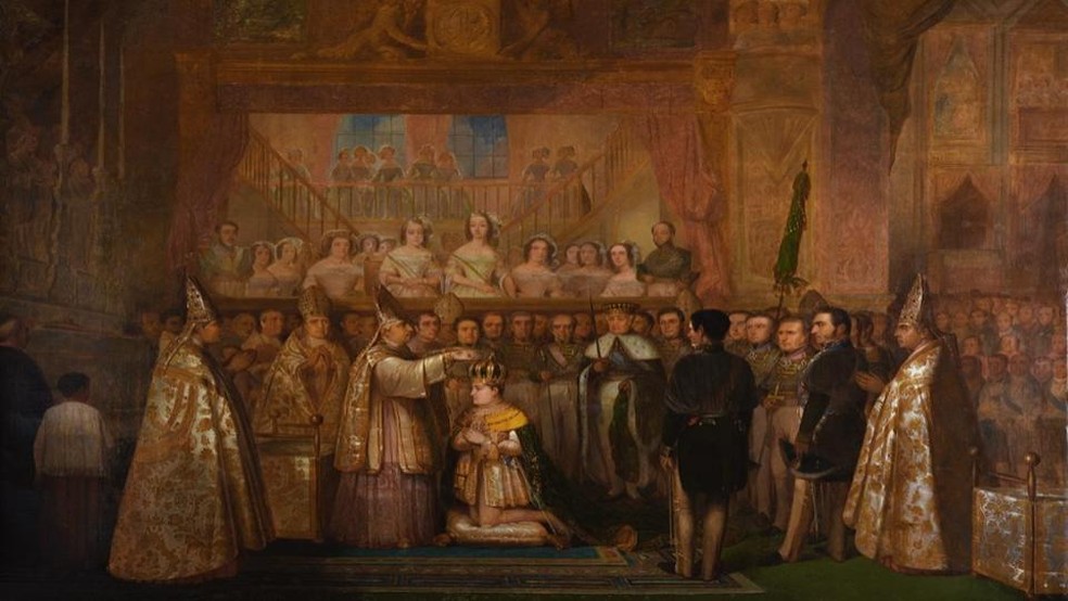 A coroação de D. Pedro II. Óleo sobre tela de 1842. — Foto: François-René Moreaux, no Museu Imperial.
