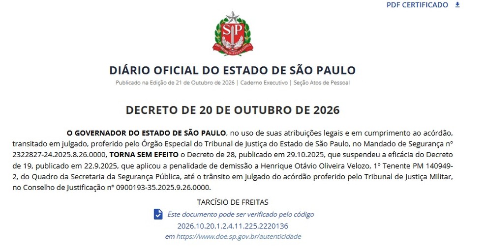 Tarcísio demite novamente PM acusado de matar Leandro Lo após disputa judicial em São Paulo. — Foto: Reprodução/DOESP