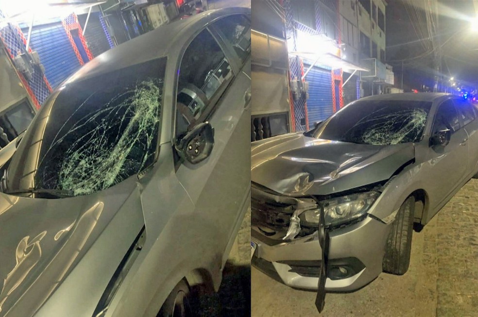 Carro ficou com a frente destruída — Foto: Reprodução/TV Globo