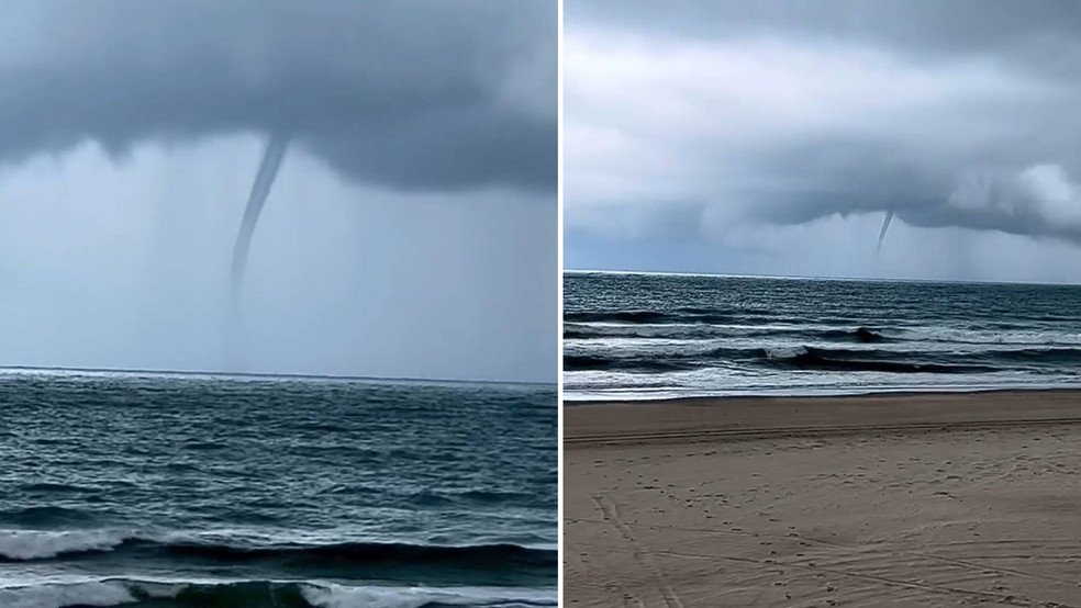 Tromba d'água se assemelha a um pequeno tornado, porém é mais fraca e só ocorre na água — Foto: Reprodução