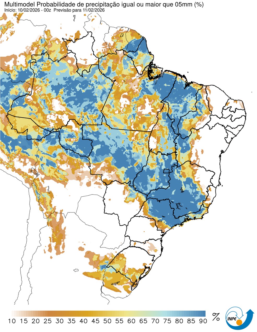 Previsão de chuva nesta quarta em todo o país. — Foto: CPTEC/Inpe