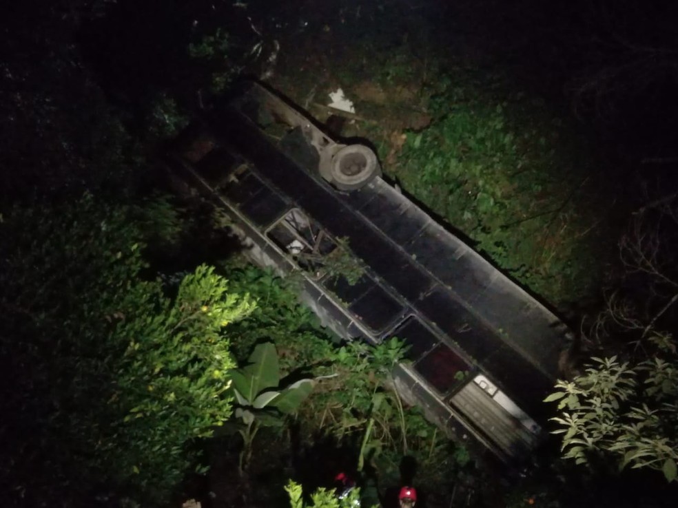 Ônibus caiu em ribanceira de cerca de 30 metros, na PR-092 — Foto: Tony Mattoso/RPC Curitiba