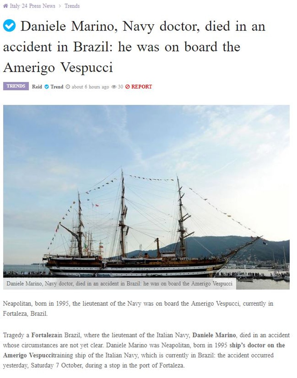 O portal Italy 24 Press destacou a morte do médico Daniele Marino em Fortaleza. — Foto: Reprodução