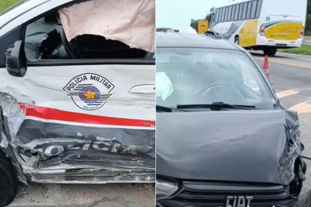 Carro invade pista na contramão e bate em viatura da PM no litoral de SP; VÍDEO