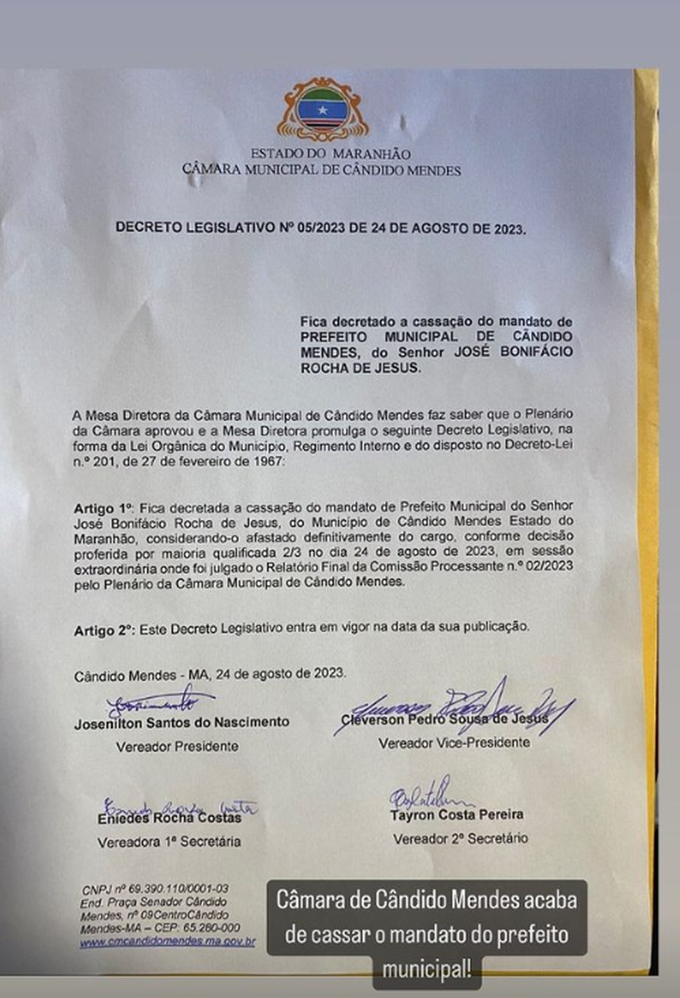 Câmara Municipal de Cândido Mendes, no Maranhão, cassou o mandato do prefeito José Bonifácio Rocha de Jesus, conhecido como Facinho (PL) — Foto: Divulgação