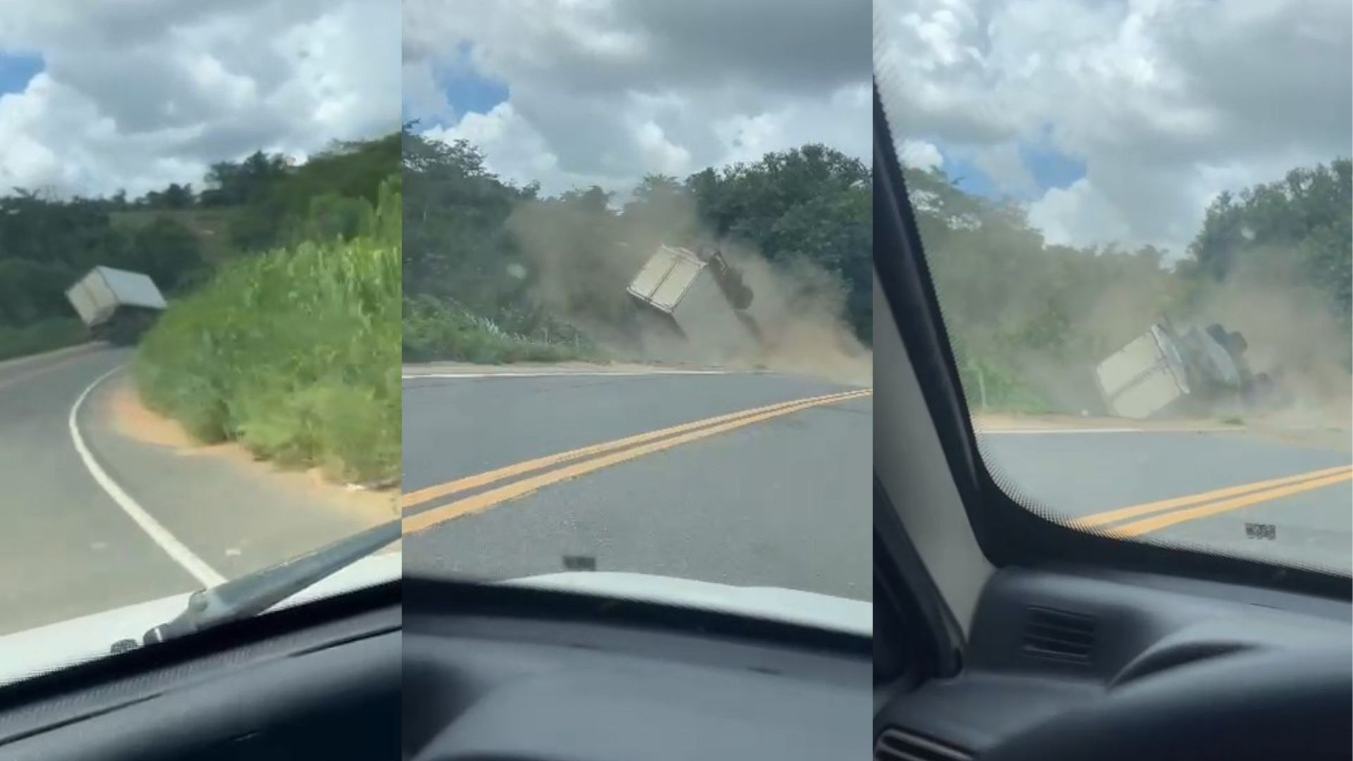 Vídeo flagra momento em que caminhão carregado de leite tomba em curva em rodovia no ES 