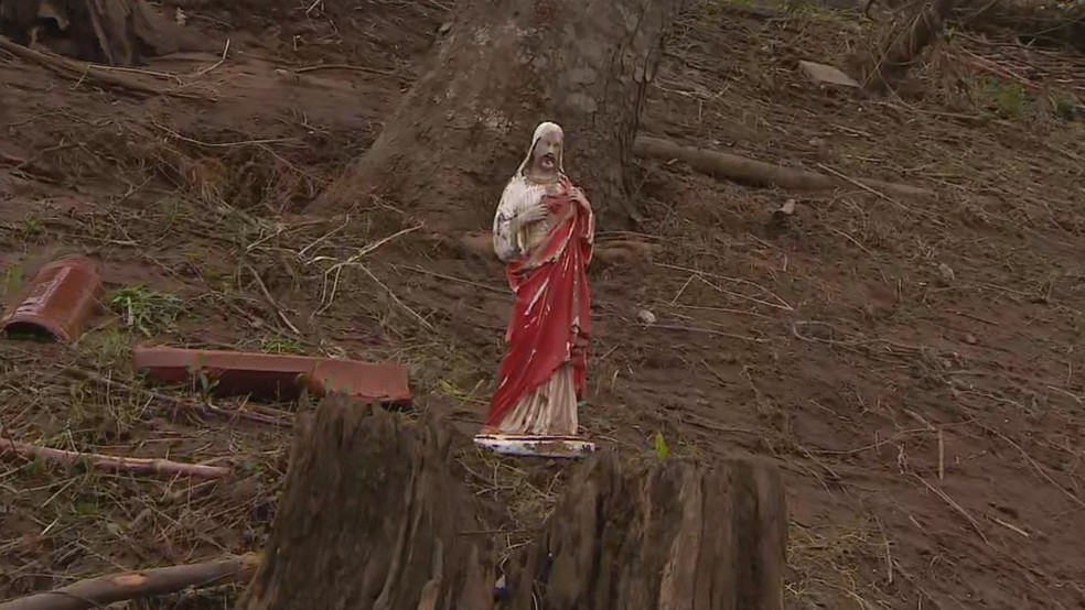 Estátua de Jesus Cristo encontrada intacta após chuvas no RS — Foto: Reprodução/RBS TV