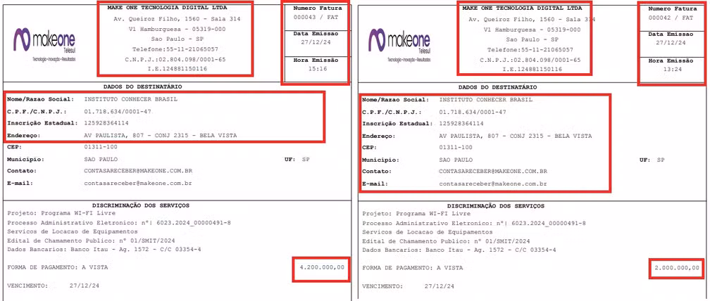 As faturas da  Make One Tecnologia Digital Ltda, sem valor fiscal, apresentadas na presta��o de contas da a ONG Instituto Conhecer Brasil. � Foto: Reprodu��o/PMSP