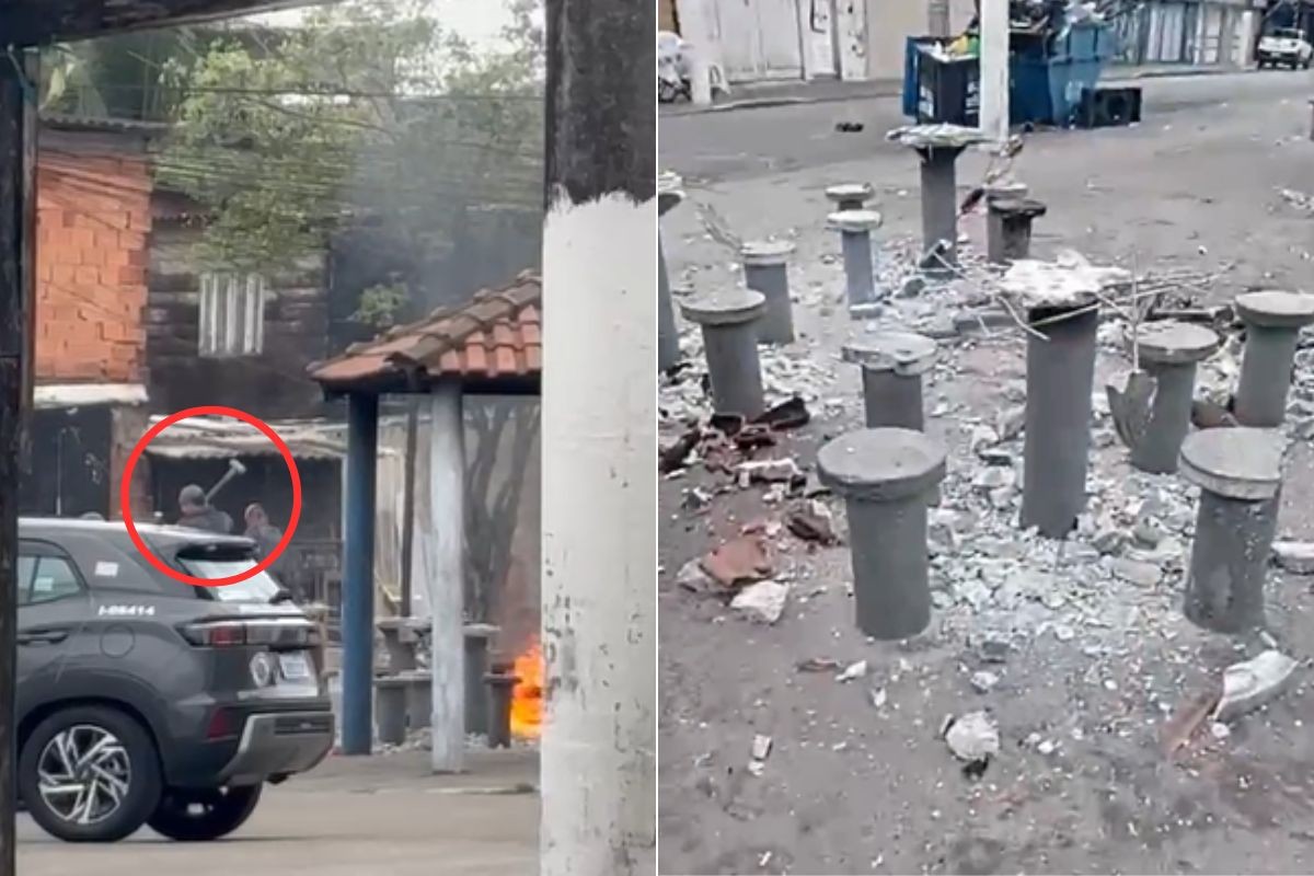 Vídeo mostra PM destruindo bancos e mesas de praça no litoral de SP; corporação alega combate ao crime