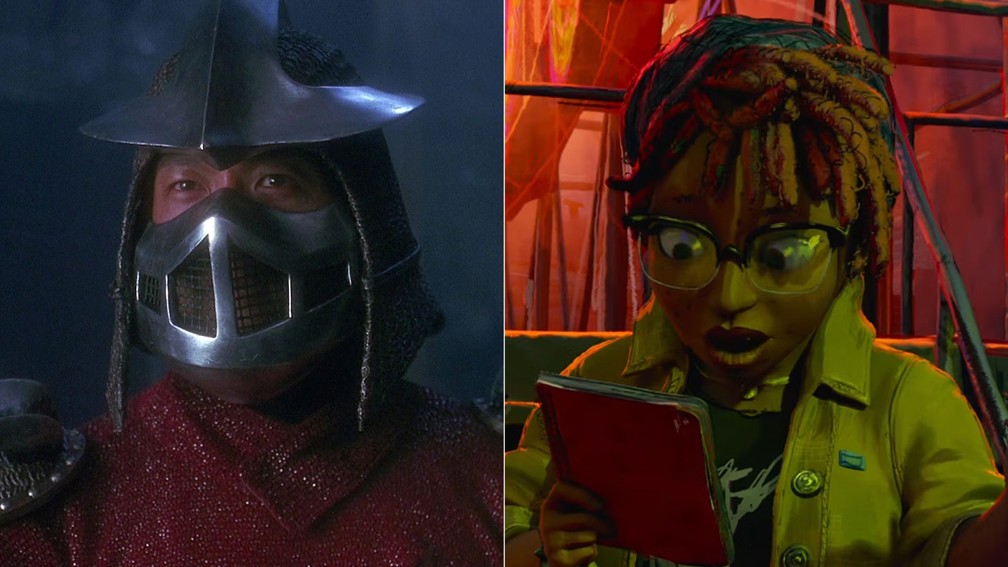 James Saito como o Destruidor em 'As Tartarugas Ninja' (1990) e April O'Neil de 'As Tartarugas Ninja: Caos Mutante' (2023) — Foto: Divulgação
