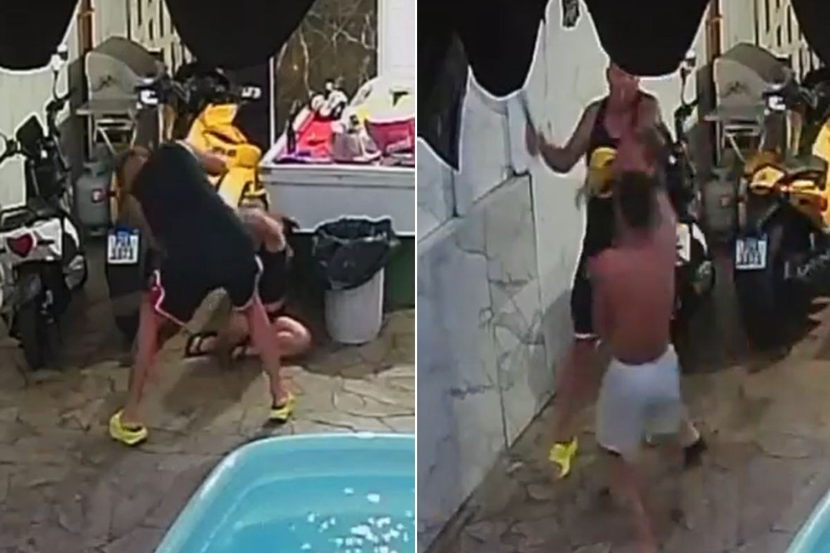 Câmera flagra homem agredindo esposa e o enteado com facão no litoral de SP; VÍDEO