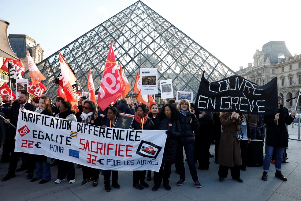 Trabalhadores do Louvre entraram em greve em 15 de dezembro de 2025. — Foto: REUTERS/Benoit Tessier