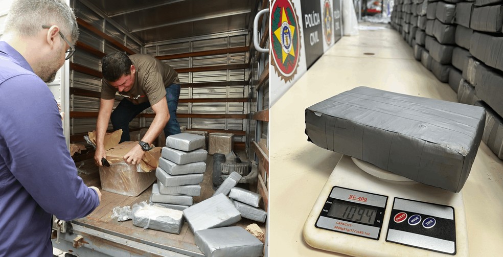 O material apreendido em caixas dentro de um caminhão e depois pesado na Cidade da Polícia: 151 quilos de cocaína — Foto: Divulgação/Rogério Santana