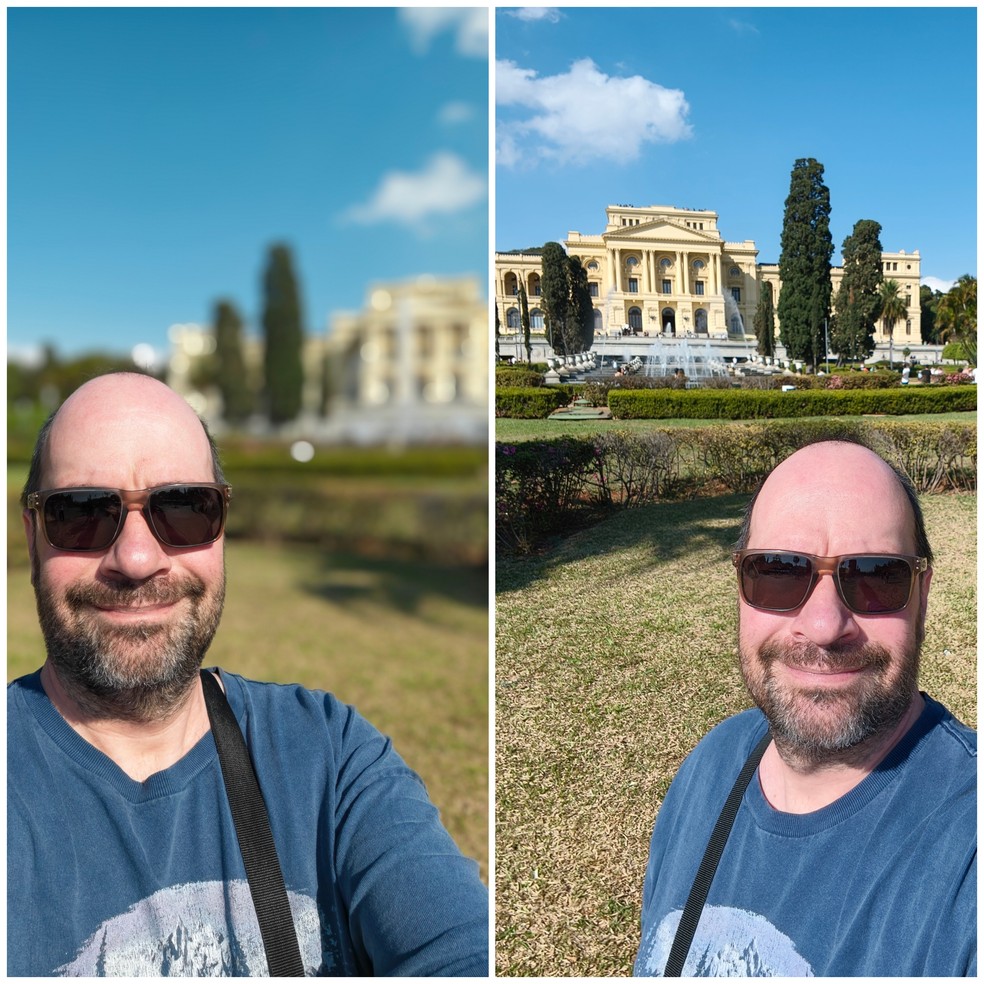 Selfie com a câmera frontal: Jovi X300 Ultra (à esquerda) e Oppo Find X9 Pro (à direita) — Foto: Henrique Martin/g1