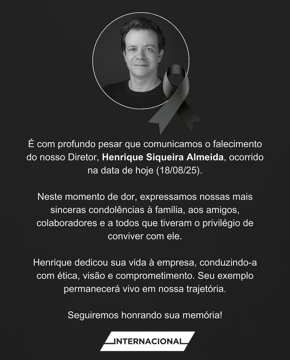 Nota de pesar sobre falecimento de Henrique Siqueira Almeida  — Foto: Redes Sociais