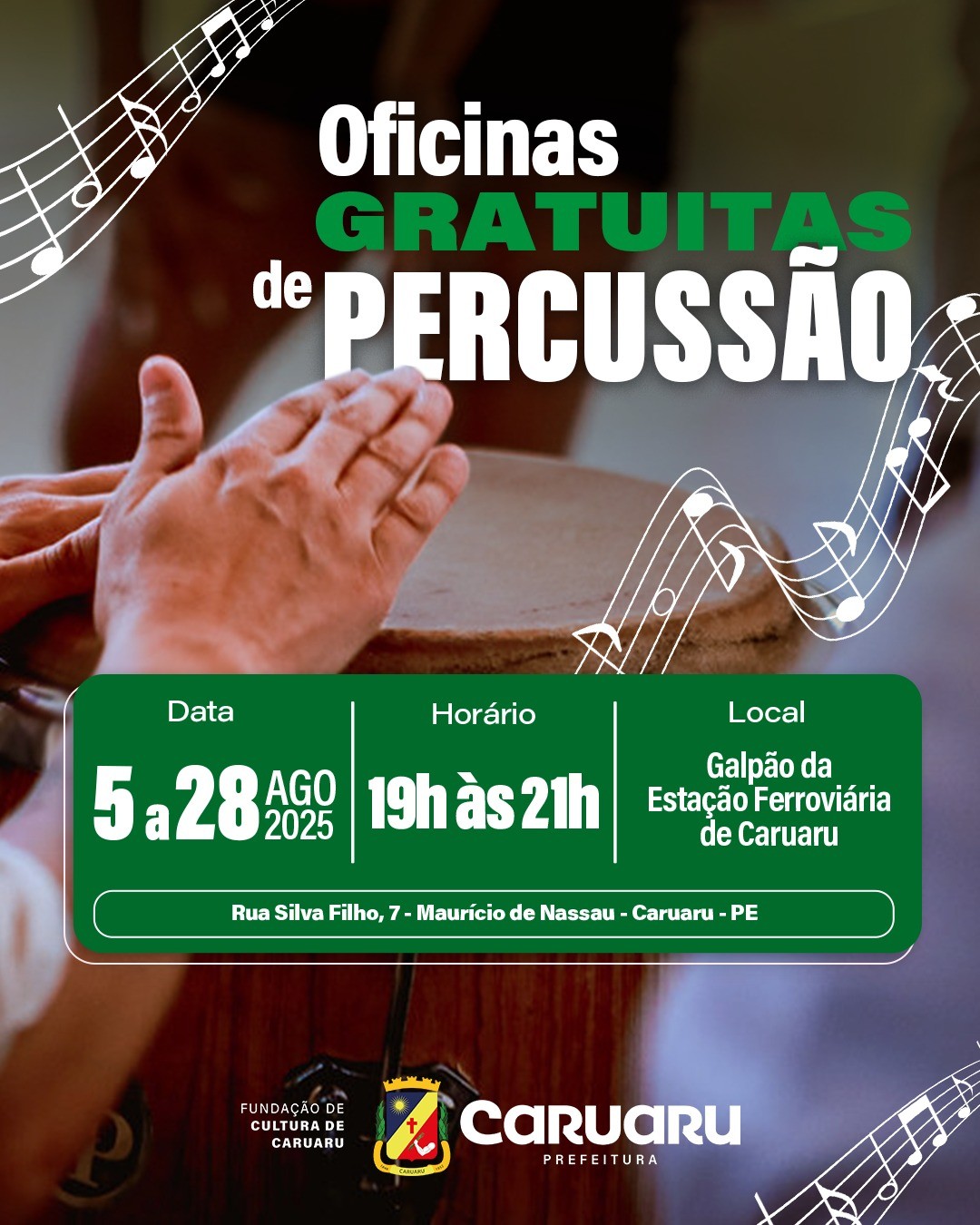 Estação Ferroviária de Caruaru recebe oficinas gratuitas de percussão
