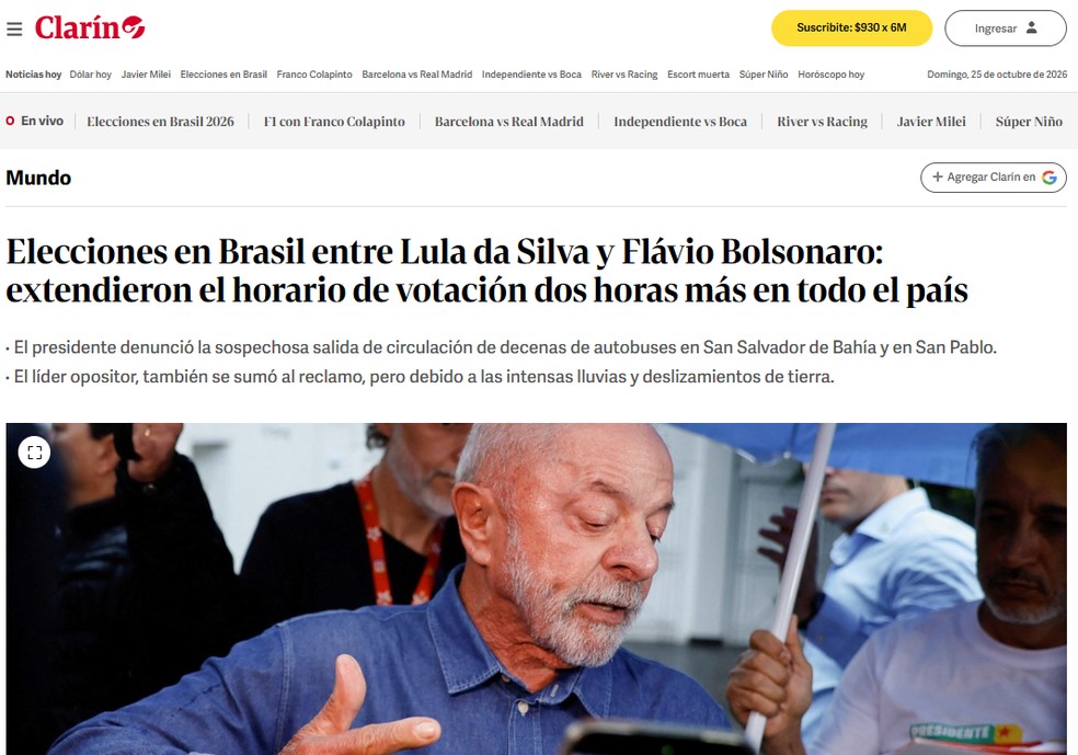 O jornal argentino Clarín destacou que o conflito de horários entre as decisões dos juízes — Foto: Reprodução: Clarín