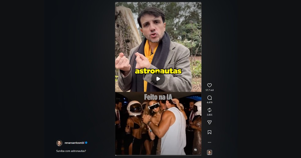 Renan Santos publica vídeo criado com IA a partir de uma fotografia de Daniel Vorcaro em uma festa — Foto: Reprodução/Instagram