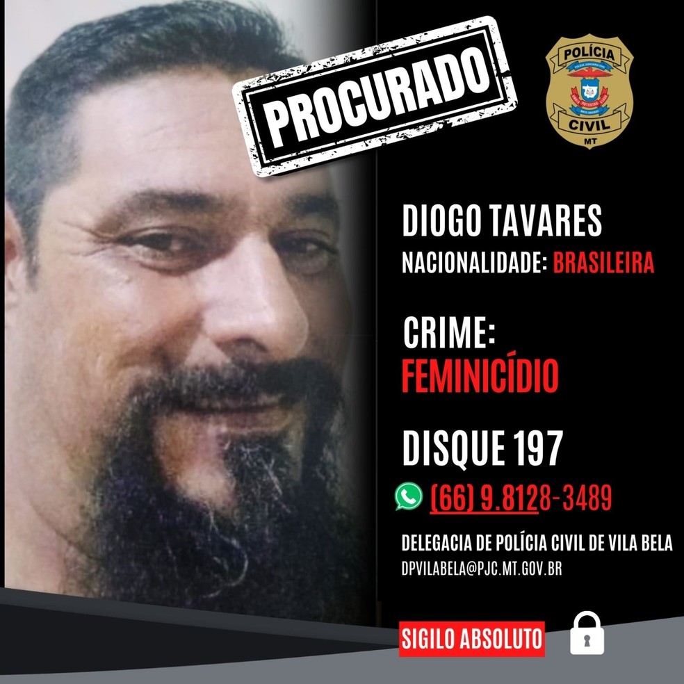 Diogo Tavares, de 42 anos, é procurado como suspeito de feminicídio — Foto: PJC
