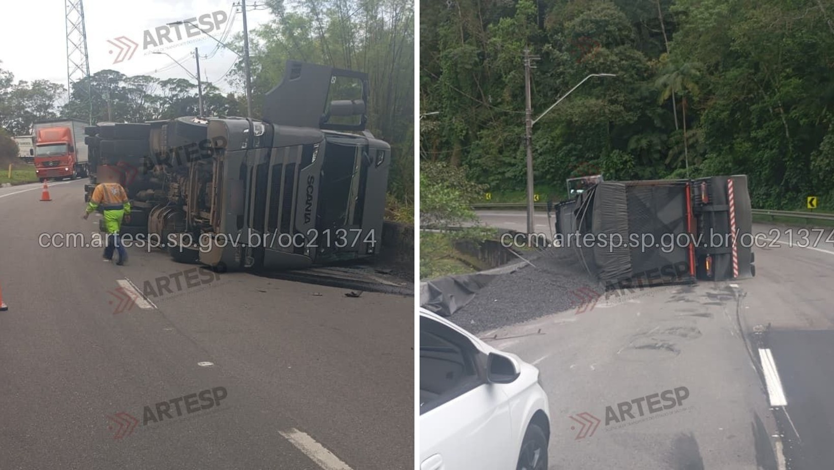 Caminhão tomba na Rodovia dos Tamoios e bloqueia faixa no sentido litoral em Caraguatatuba