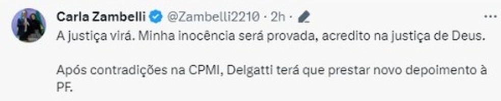 Tweet da deputada Carla Zambelli durante CPI dos Atos Golpistas — Foto: Reprodução/redes sociais