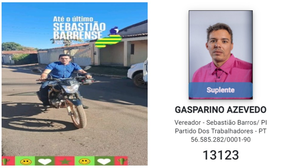 Foto de registro de candidatura de Gasparino Azevedo, suplente de vereador do Piauí. — Foto: Reprodução/Redes sociais e TSE
