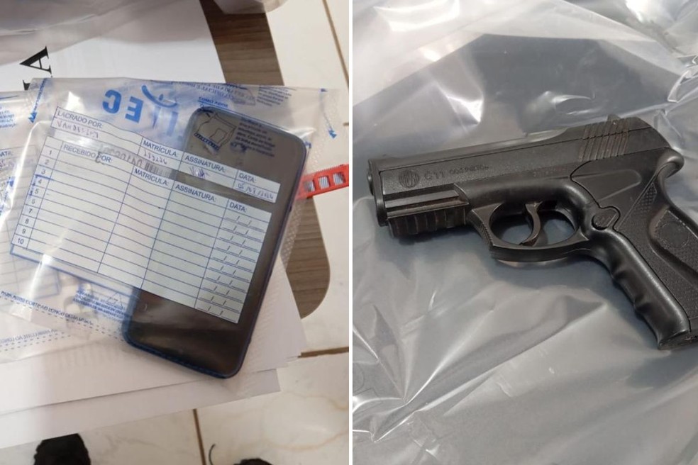 Celulares e arma foram apreendidos com o suspeito durante a operação. — Foto: Polícia Civil de Mato Grosso