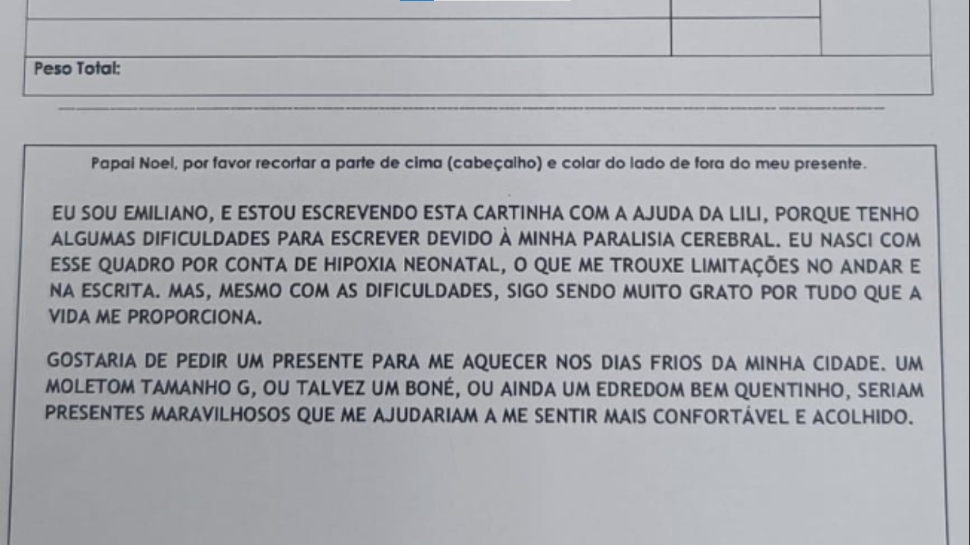 Homem com paralisia cerebral pede moletom e edredom em cartinha ao Papai Noel dos Correios de MT