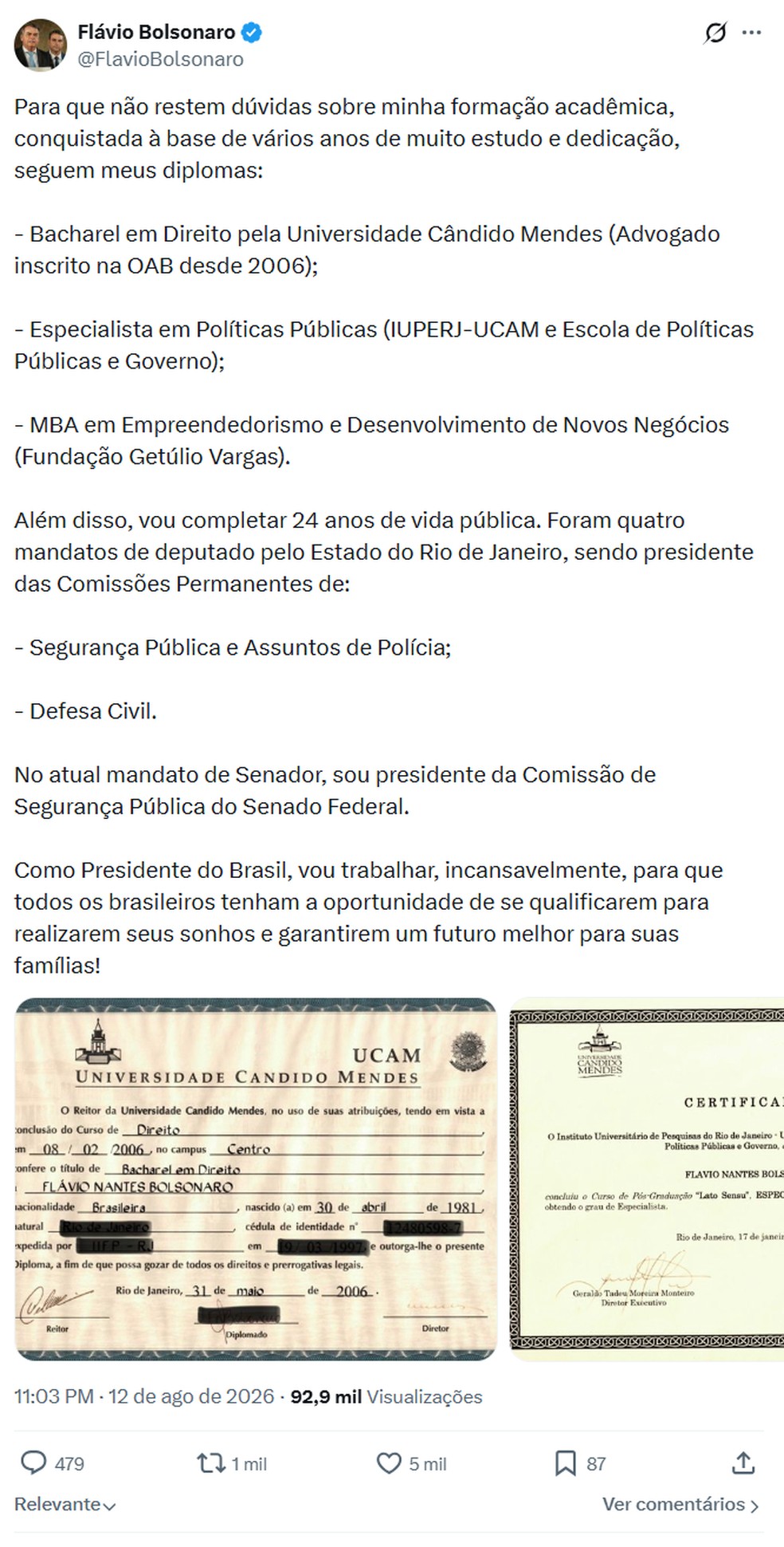 Postagem de Flávio Bolsonaro no X na quarta-feira (12) — Foto: Reprodução/X