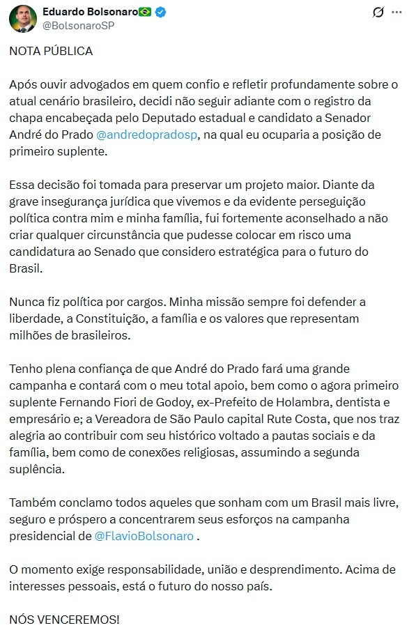 Eduardo Bolsonaro desiste de concorrer como suplente de candidato ao Senado em SP