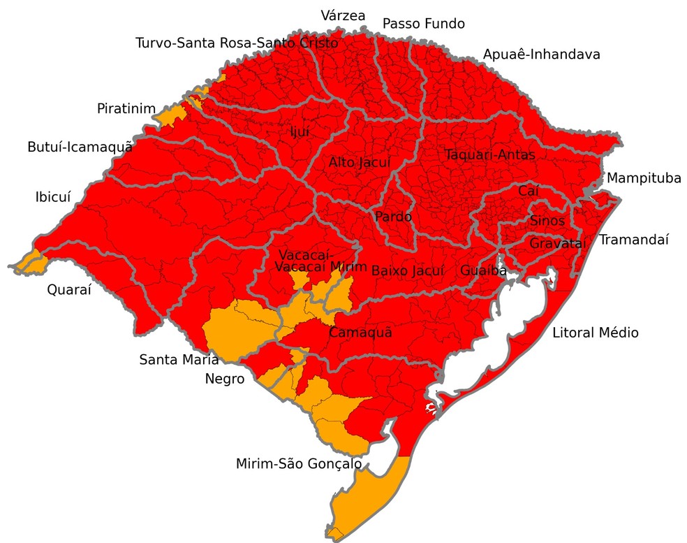 Bacias hidrográficas com risco de inundação severa no RS — Foto: Defesa Civil/Divulgação